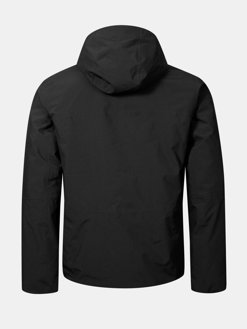 The Halti Melvik Dx Ski Jacket Men's in black with DrymaxX tech is shown from the back on a light gray background.