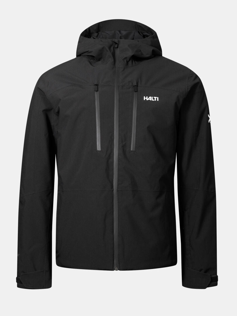 Halti Melvik Dx Men's ski jacket, black, waterproof with DrymaxX, chest zip pockets, and Halti logo on left chest.