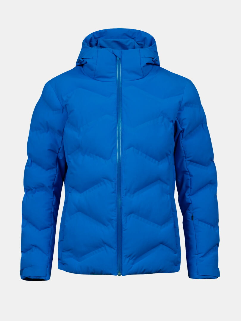 The Halti Nordic Arcty II women’s ski jacket in bright blue features a front zipper and hood, shown on a plain background.