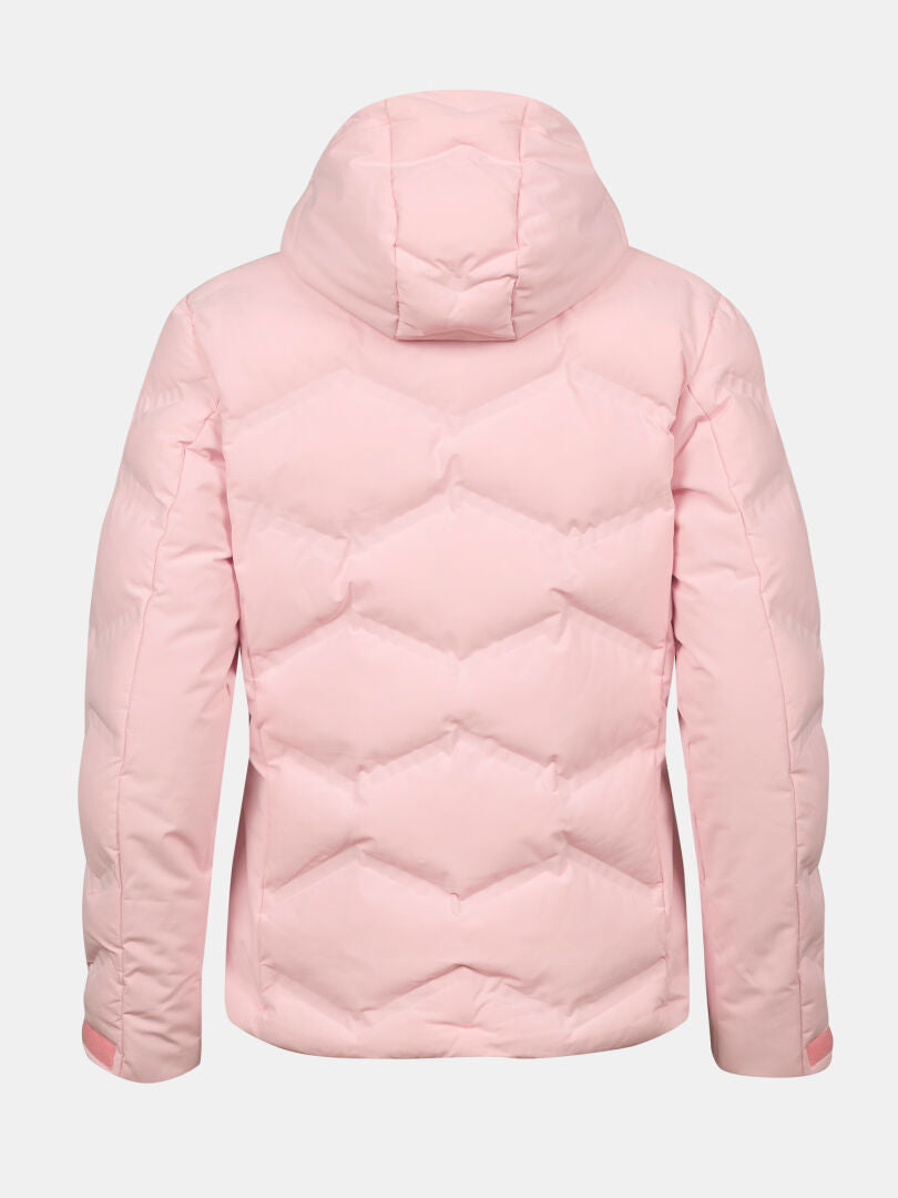 The Halti Nordic Arcty II women’s ski jacket in light pink with hood, shown from the back against a plain background.
