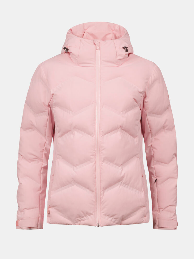 Halti Nordic Arcty II women's ski jacket in light pink with hood, front zipper, and chevron quilting on plain background.