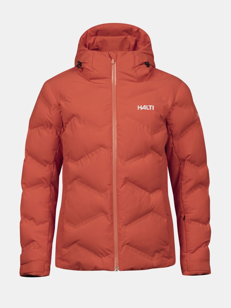 The Halti Nordic Arcty II Women's Ski Jacket is rust-colored with a hood, front zipper, and left chest logo.