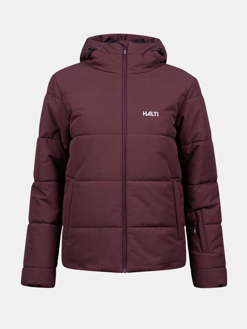 Halti Ascale Puffer Ski Jacket for women in maroon, waterproof with hood, zip front, and Halti logo on chest.