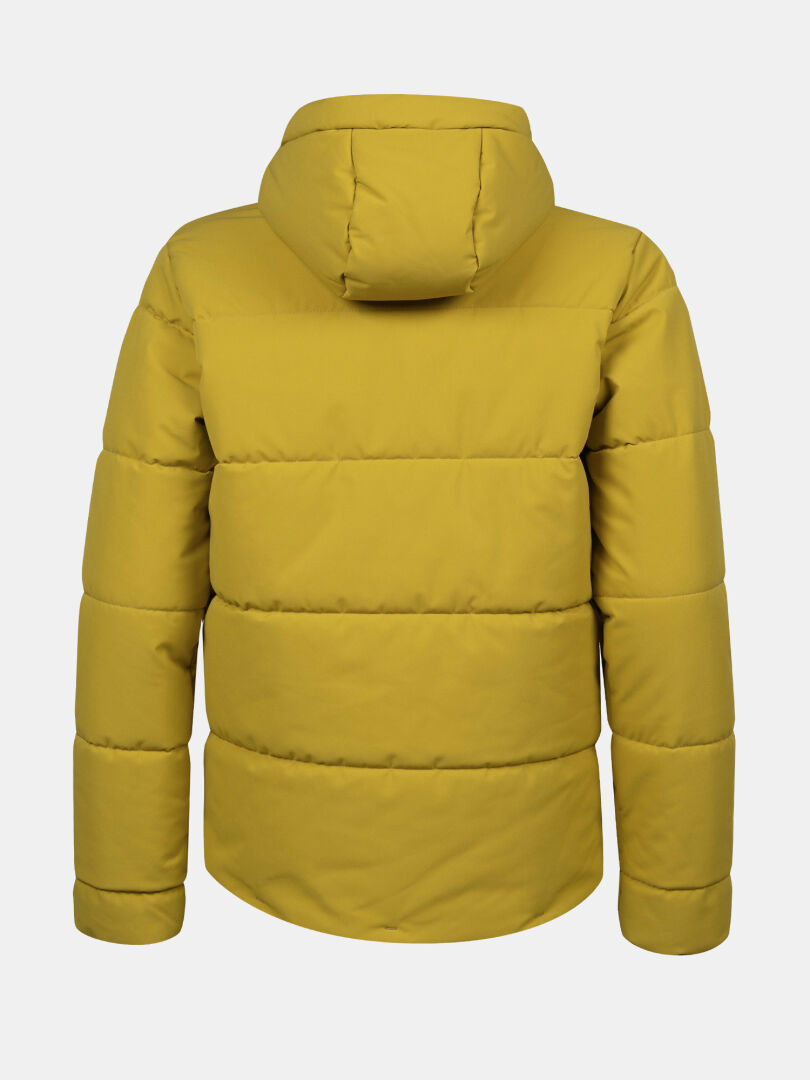 The Halti Ascale Puffer Ski Jacket Women's in mustard yellow, hooded, shown from the back on a white background.