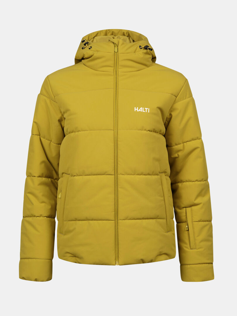The Halti Ascale Puffer Ski Jacket Women's is yellow, waterproof, with a front zipper and HALTI logo on the left chest.