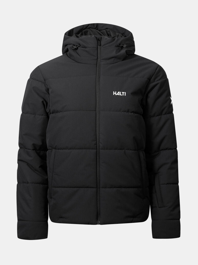 Halti Ascale Plus Puffer Ski Jacket for women with hood, front zipper, and chest logo, shown on plain background.
