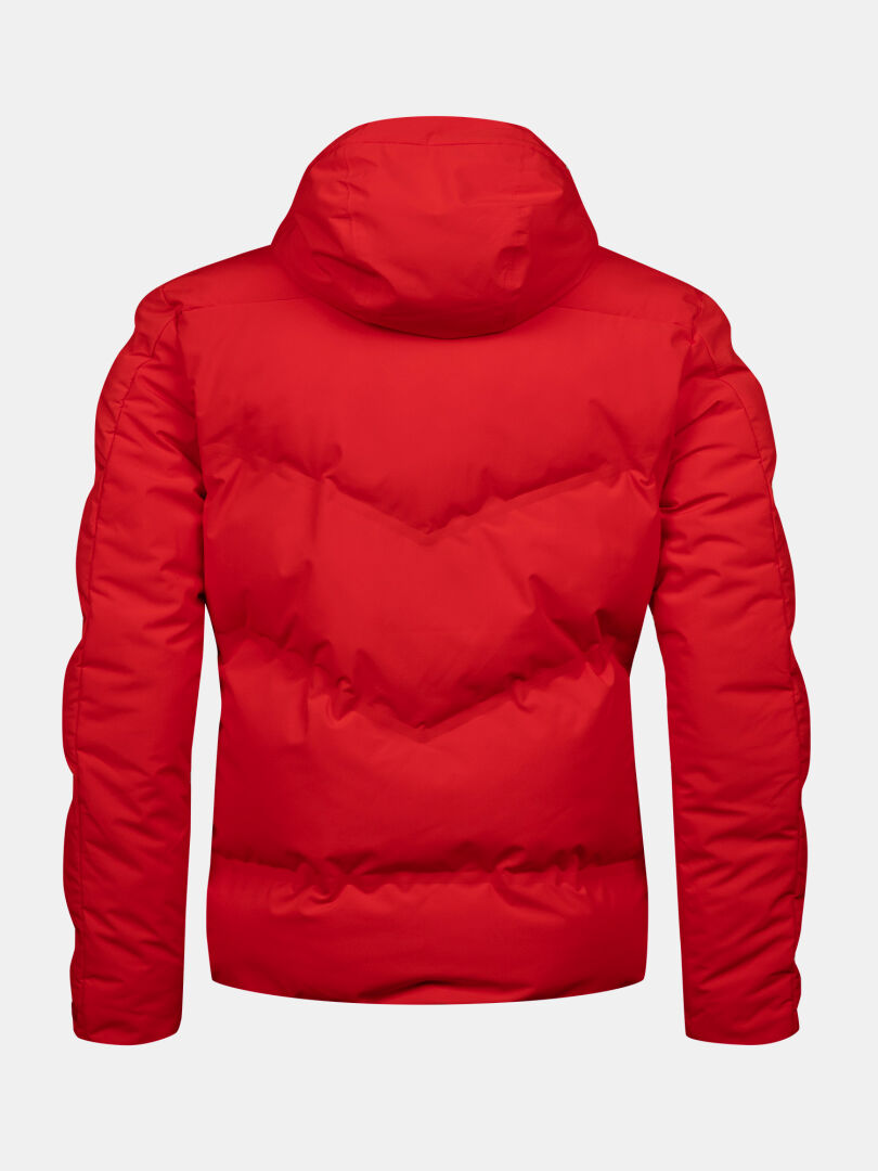 Halti Nordic Arcty II Men's Ski Jacket in bright red, hooded and insulated, shown from the back on a plain background.