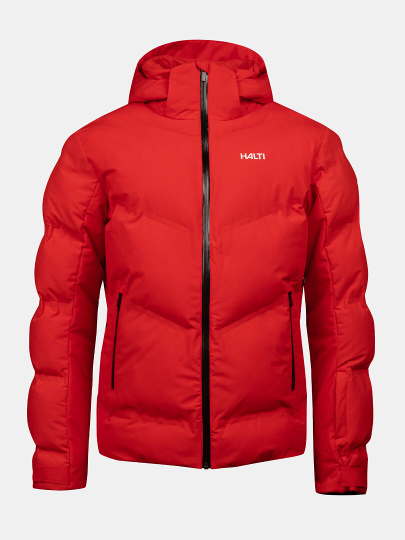 The Halti Nordic Arcty II Ski Jacket Men's is a bright red, hooded, insulated jacket with black zippers and logo.