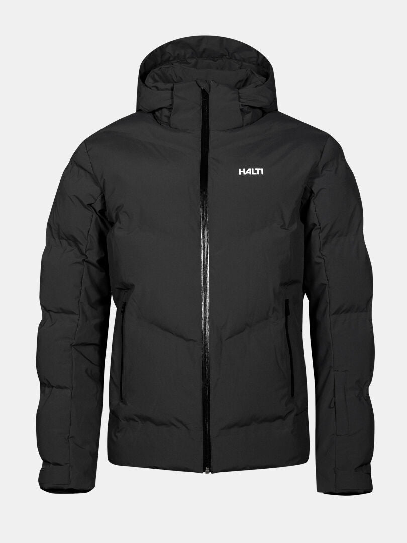 The Halti Nordic Arcty II Men's black ski jacket features a hood, front zipper, and chest logo on a plain background.