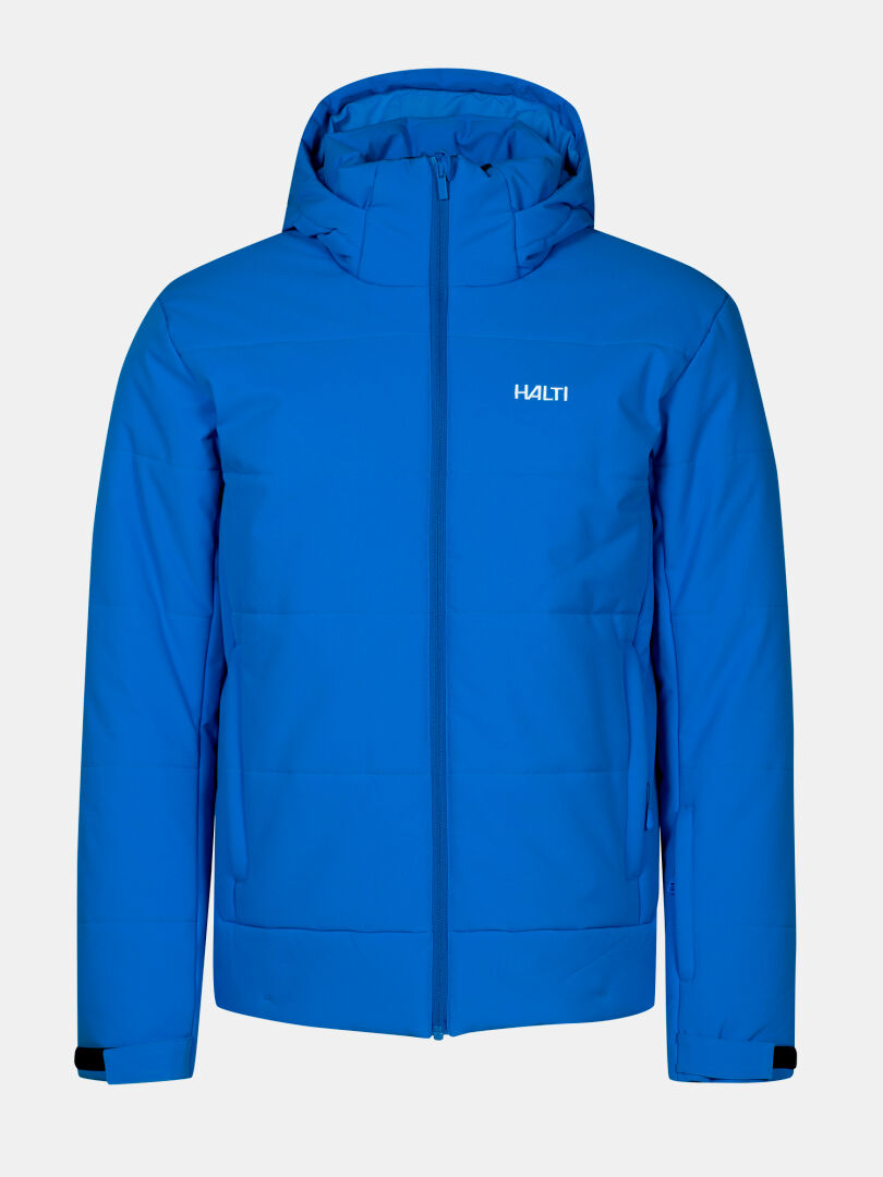 The Halti Ascale Puffer Ski Jacket Men's is bright blue, insulated, hooded, zippered, with logo on the left chest.