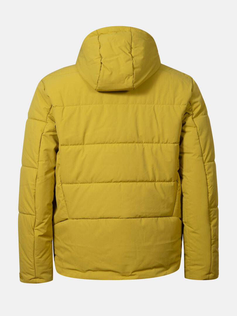 The Halti Ascale Puffer Ski Jacket Men's in yellow, hooded and waterproof, shown from the back on a white background.