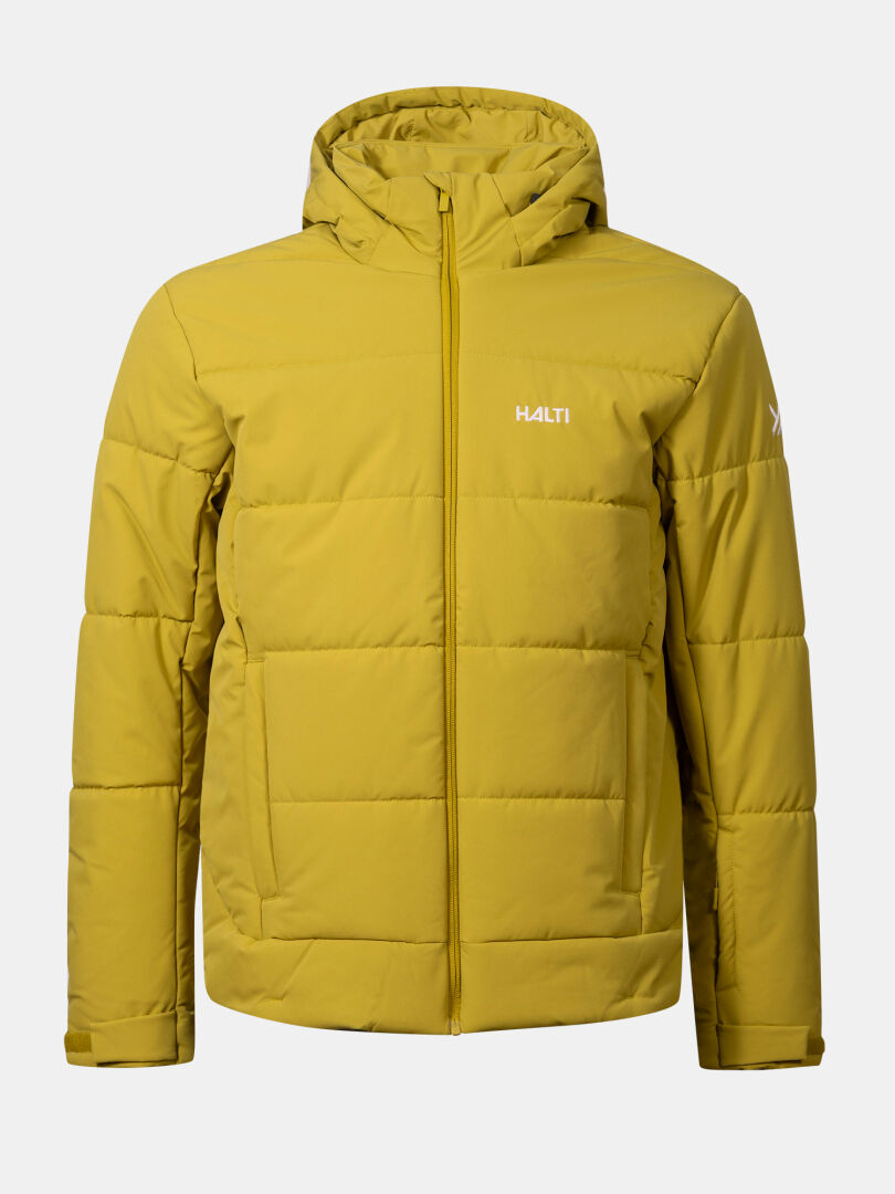 Halti Ascale Puffer Ski Jacket Men's: Yellow, hooded, insulated, zip front, 2 pockets—ideal for alpine skiing.