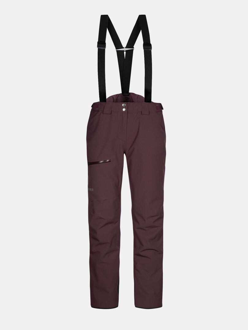 Halti Carvey II DX Women's dark maroon ski pants with black suspenders, front button, and zippered thigh pocket.