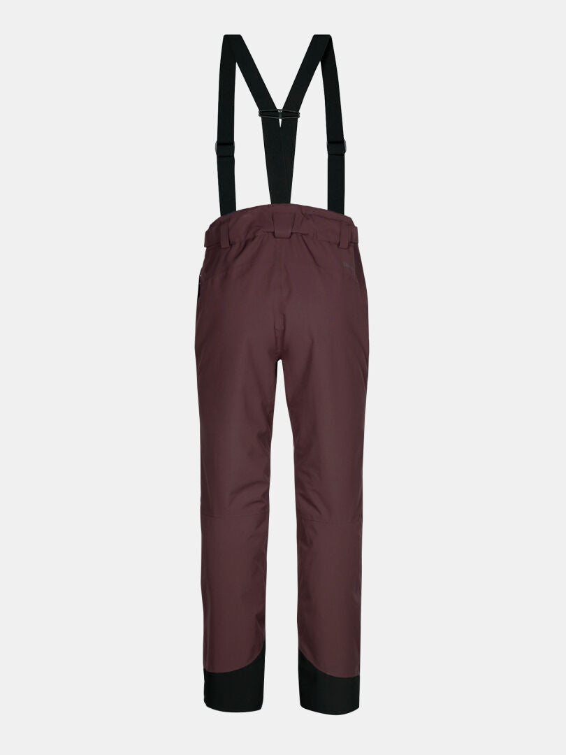 Halti Carvey II DX Women's maroon ski pants with black suspenders and reinforced cuffs, back view on plain background.