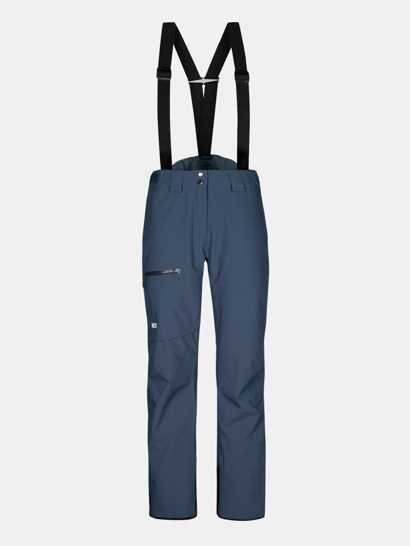Halti Carvey II DX Women's ski pants in dark blue, with black suspenders and a left thigh zip pocket.