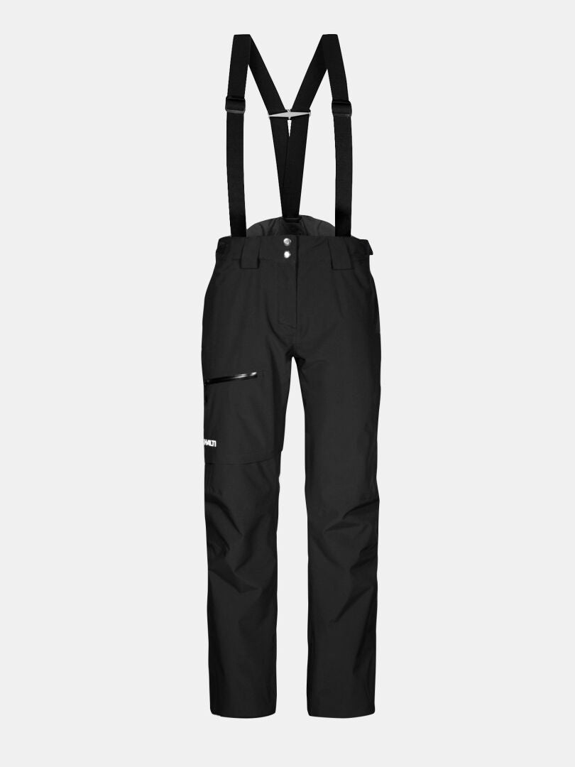 Halti Carvey II Short DX Women's ski pants with suspenders, front button, zip pocket, and straight legs in black shown.