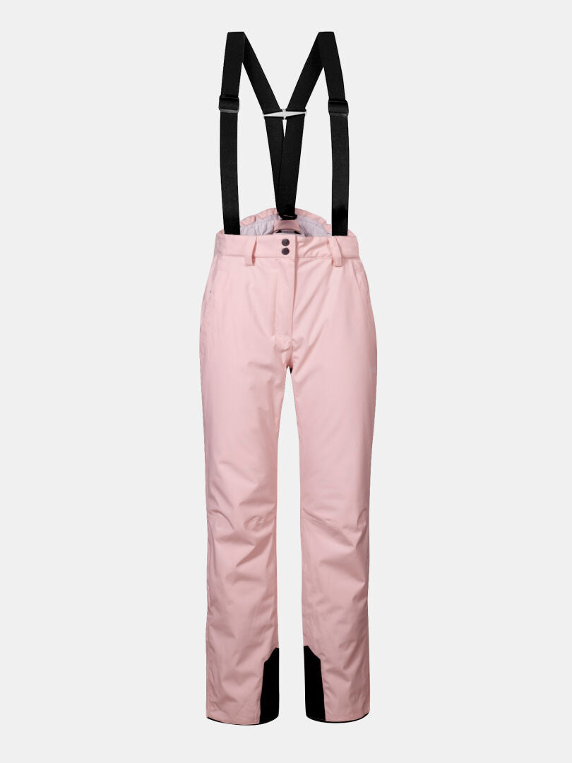 Halti Glades II DX Women's ski pants in light pink with black suspenders and reinforced inner lower legs.
