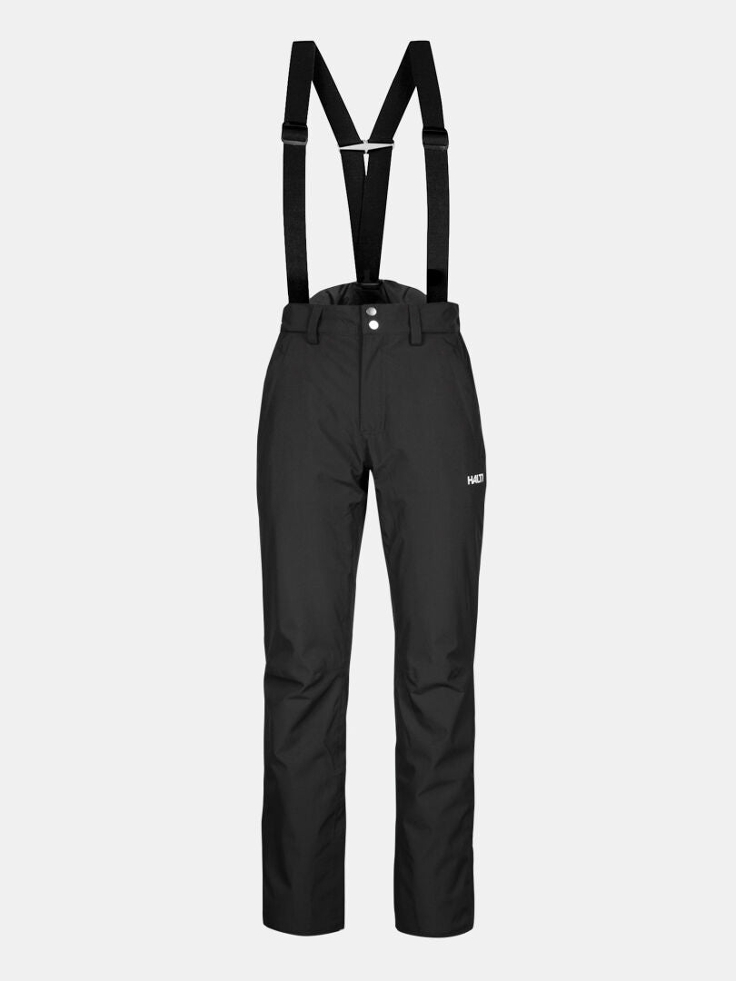 Halti Glades II DX Women's Ski Pants: black, insulated, with suspenders, button closure, belt loops, and small left logo.