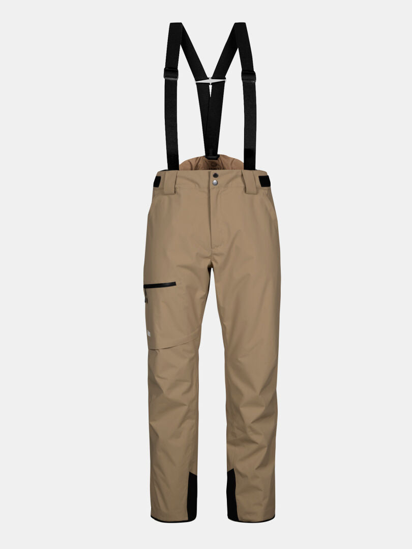 Halti Carvey II DX Men's ski pants in beige with black suspenders, front button, side zip pocket, and reinforced cuffs.