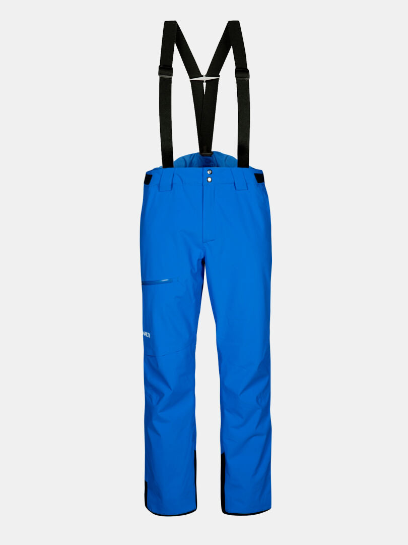 Halti Carvey II DX Men’s ski pants in bright blue with black suspenders, side zip pocket, and reinforced hems.