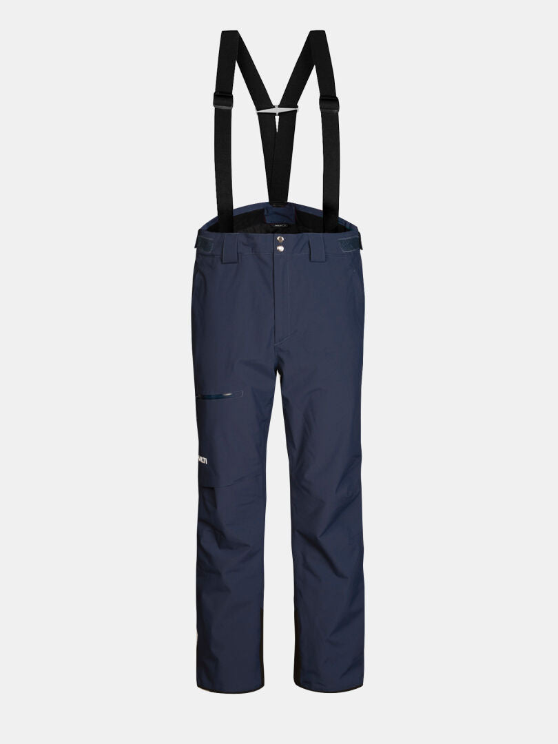 Navy blue weatherproof Halti Carvey II DX ski pants with black suspenders.