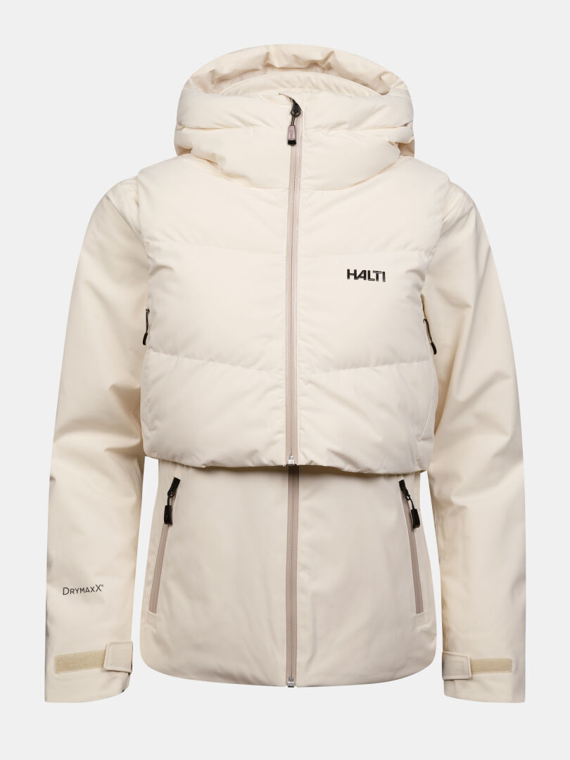 Off-white Halti Varion 2in1 DX Ski Jacket Women’s with a quilted upper section, hood, and zippered pockets.