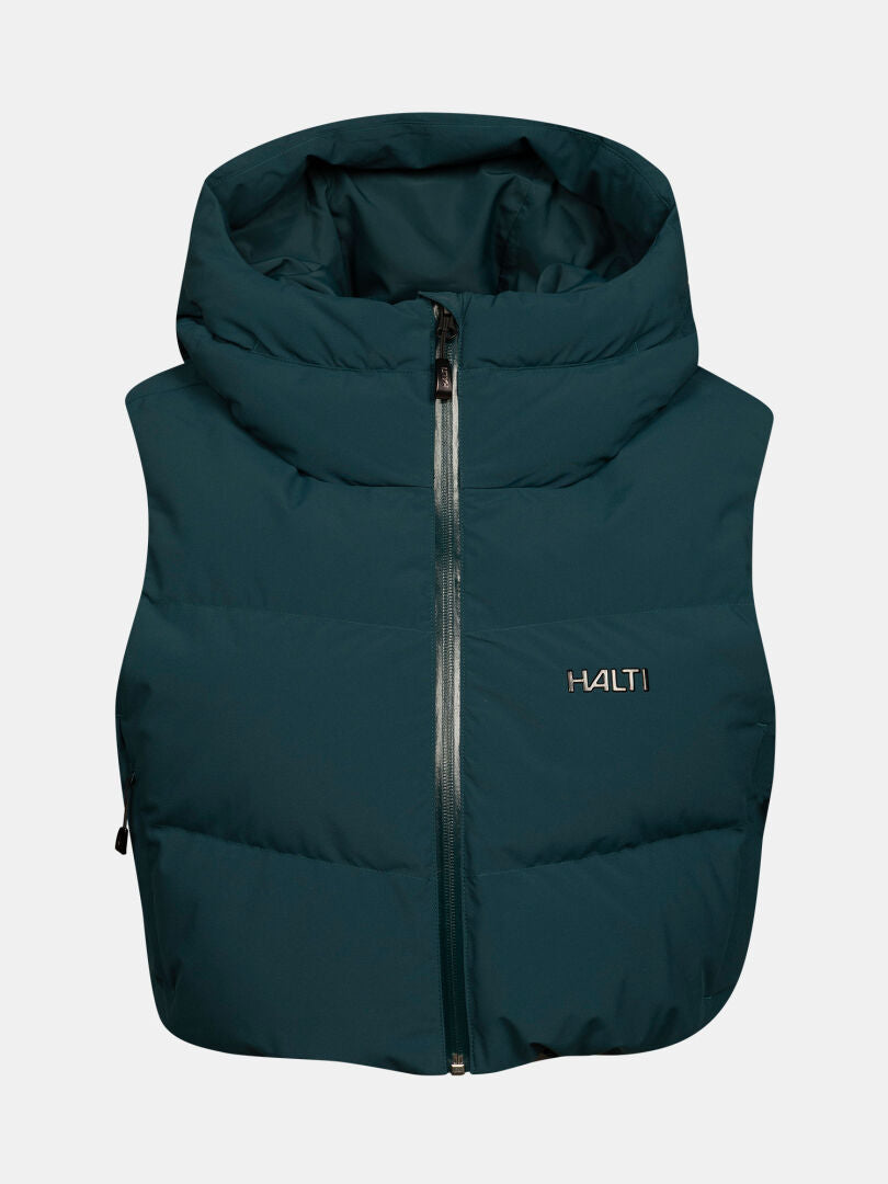 Dark teal Halti Varion 2in1 DX Ski Jacket Women’s puffer vest with a high collar, hood, zipper, and PrimaLoft insulation.