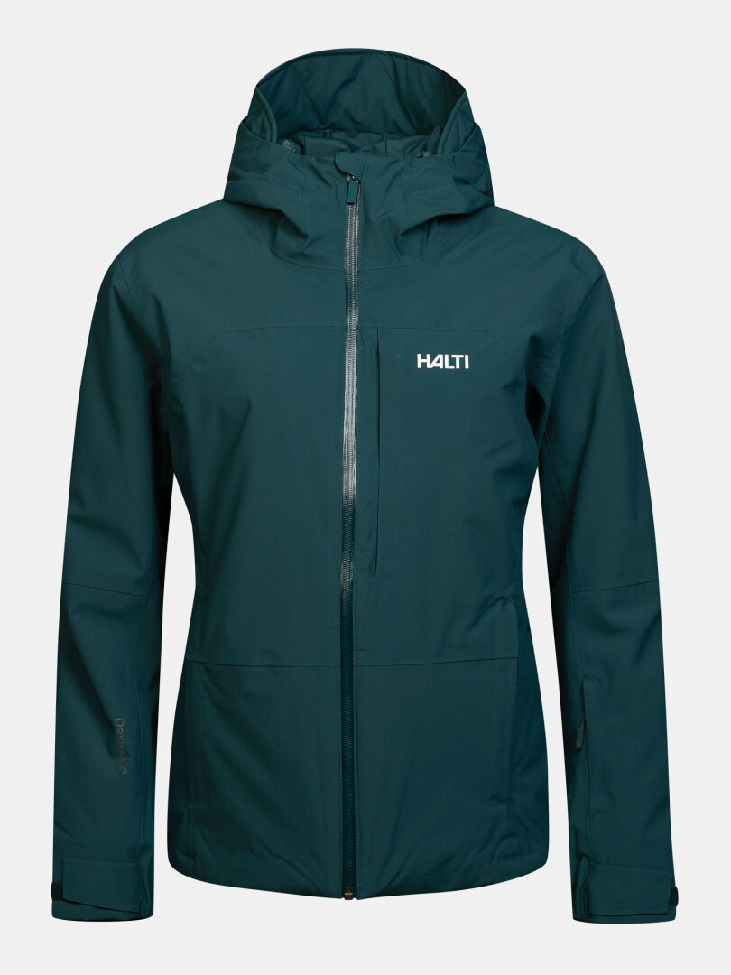 Teal Halti Melvik DX Ski Jacket Women’s with a hood, zippered chest pocket, and front closure.