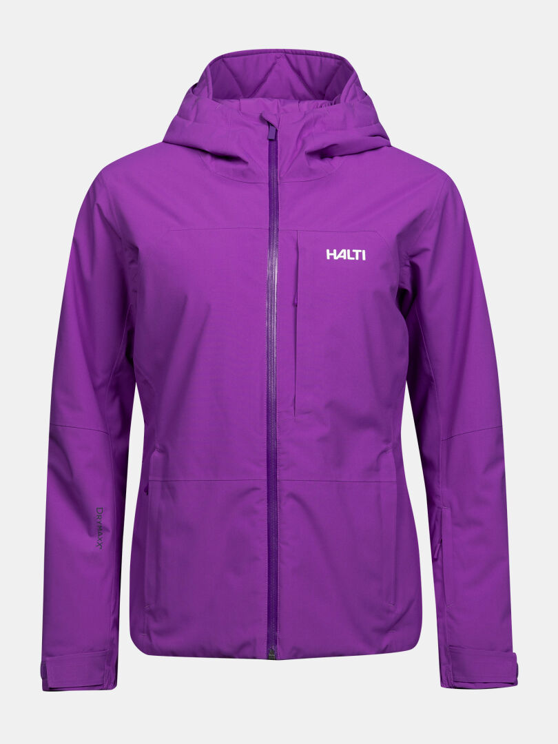 A purple Halti Melvik DX Ski Jacket Women’s with an insulated hood, zippered chest pocket, and front closure.