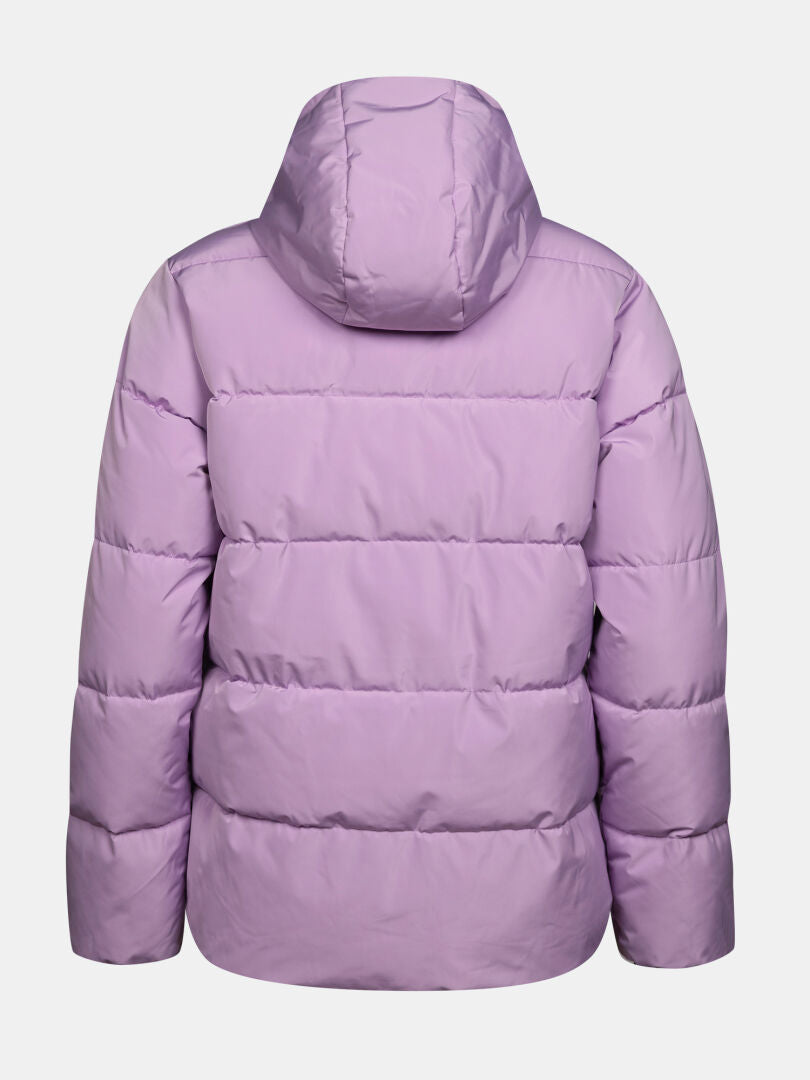 Halti Ascloud Puffer Ski Jacket for women in light purple, waterproof with hood, shown from the back on white.