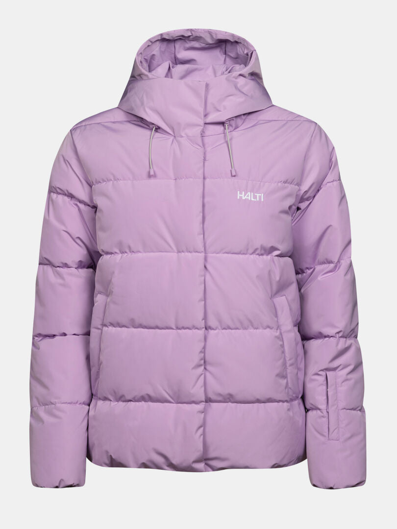 Halti Ascloud Puffer Ski Jacket for women in lavender with hood, front pockets, and logo, shown on a white background.