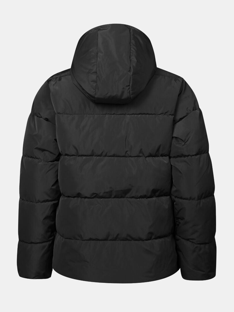 Halti Ascloud Puffer Ski Jacket Women’s in black, hooded, back view on plain light background.