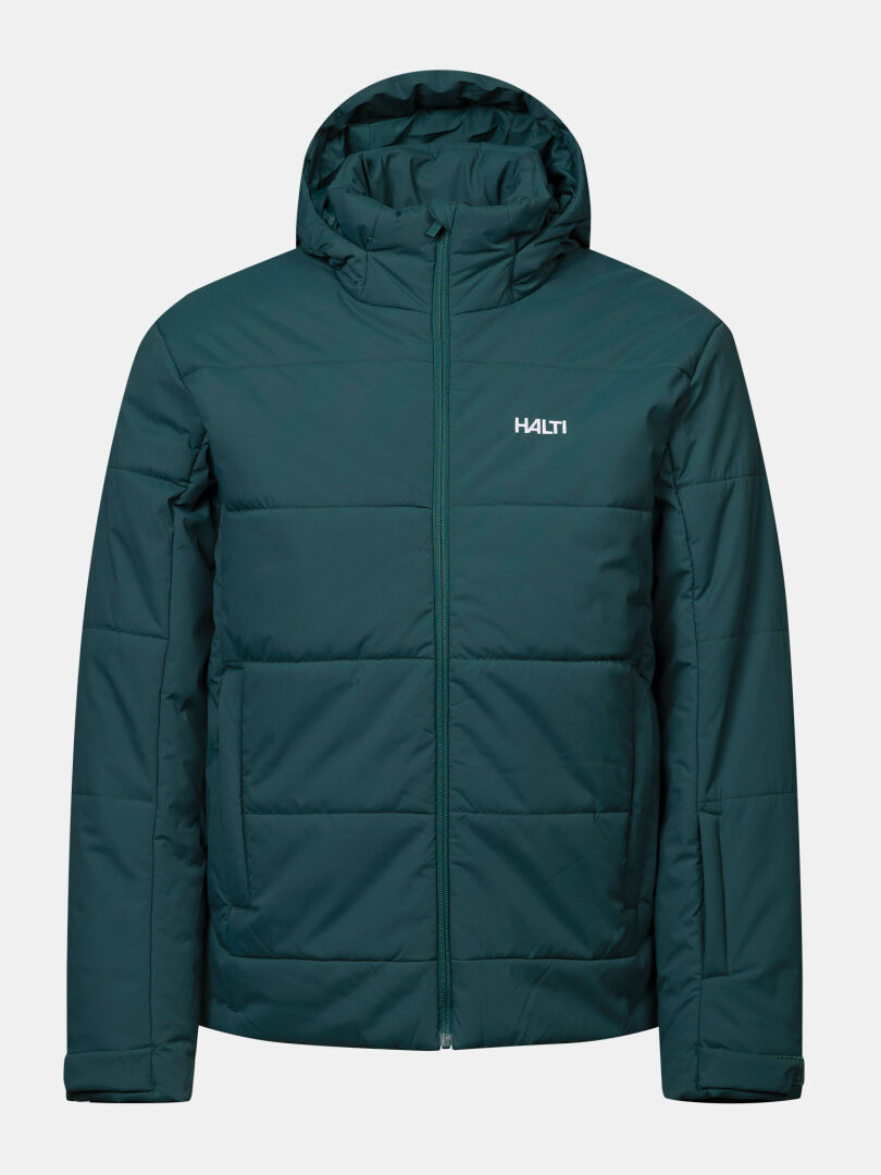 Halti Ascale II Men’s Puffer Ski Jacket: dark green, hooded, insulated, front zipper, HALTI logo on left chest.