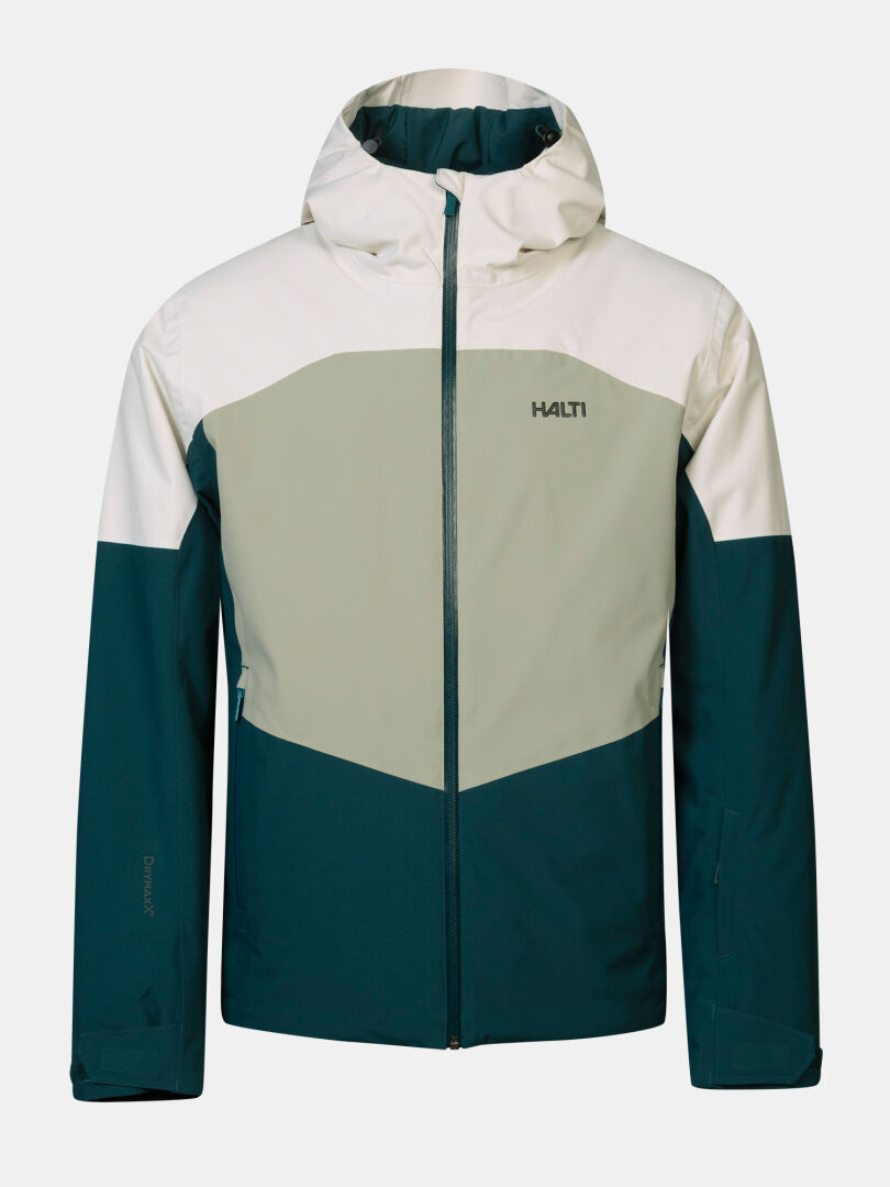 Halti Melvik II DX Ski Jacket men’s: color-blocked cream, sage green, and dark teal hooded waterproof ski jacket with zipper.