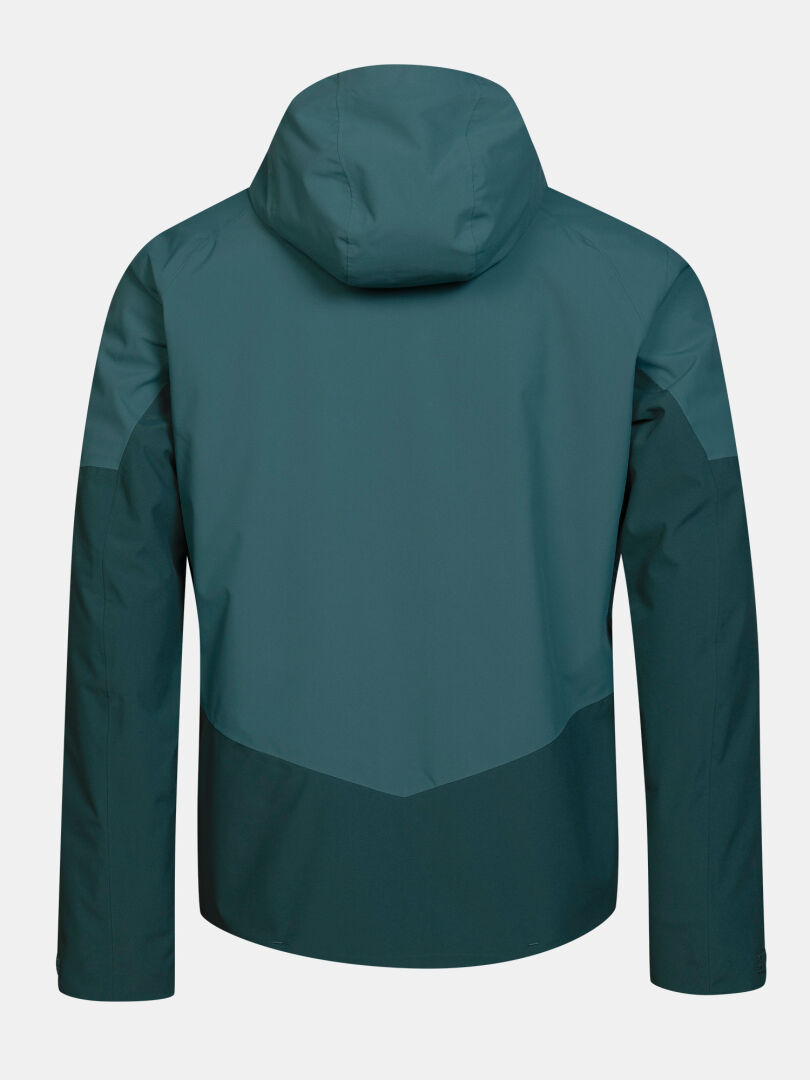 Back view of a hooded, two-tone teal Melvik II DX Ski Jacket Men’s.