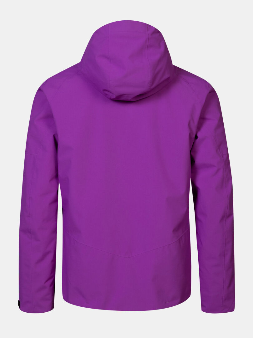 Back view of an insulated purple Halti Melvik II DX Ski Jacket Men’s with a hood.