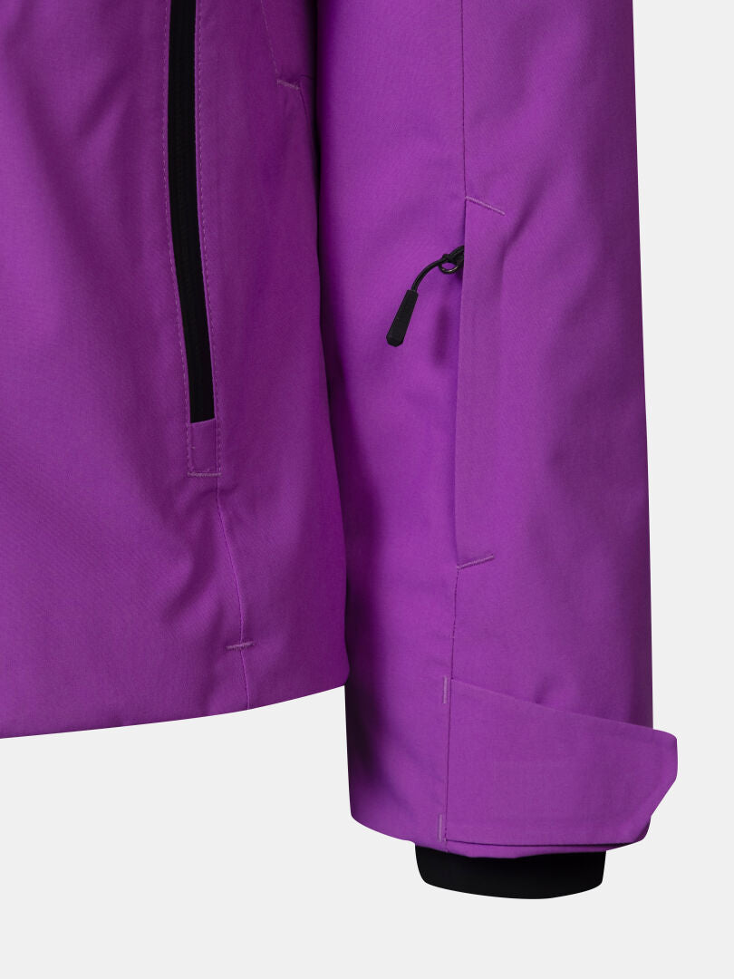 Purple Halti Melvik II DX Ski Jacket with black zippered pockets on the side and sleeve.