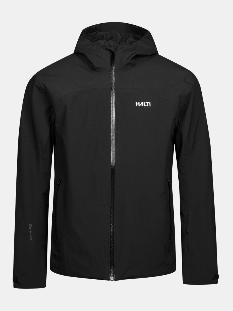 Halti Melvik II DX Ski Jacket men’s black hooded insulated jacket with a front zipper and branding on the chest.