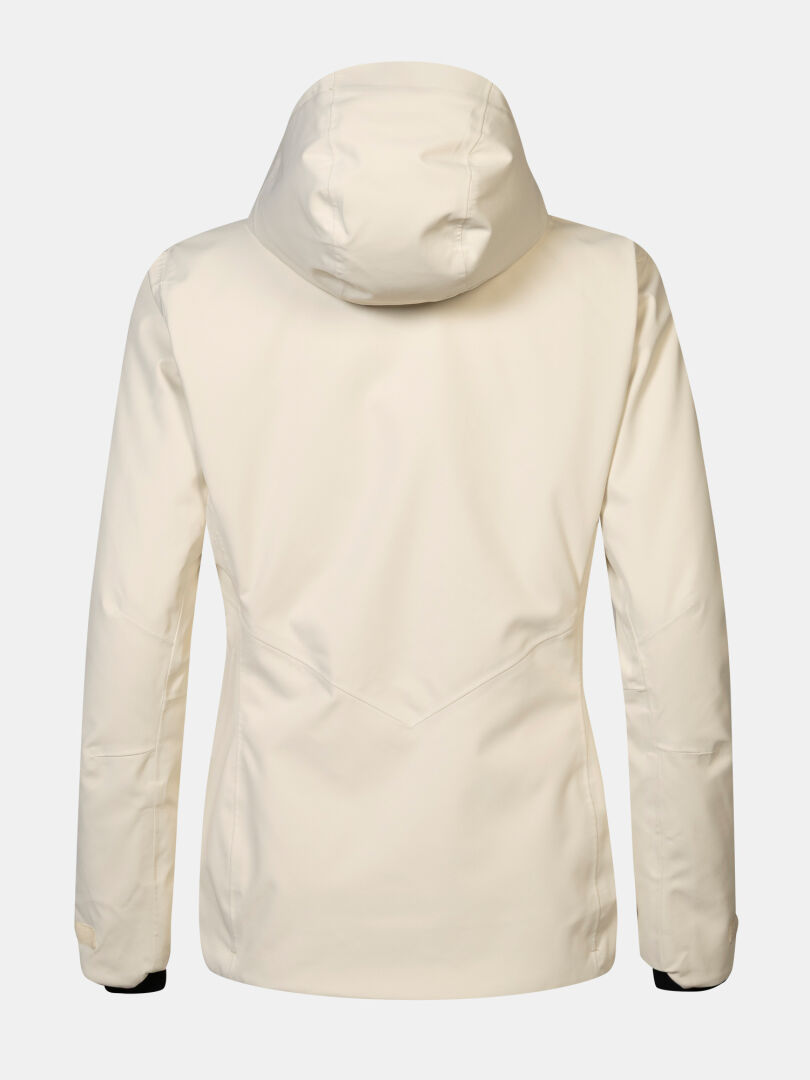 Back view of an off-white, waterproof hooded Halti Recier DX Ski Jacket Women’s.