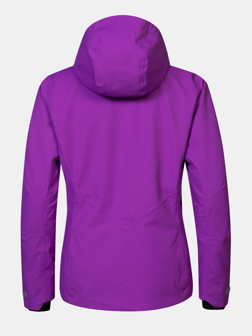 Back view of a bright purple, waterproof Halti Recier DX Ski Jacket Women’s with a hood.