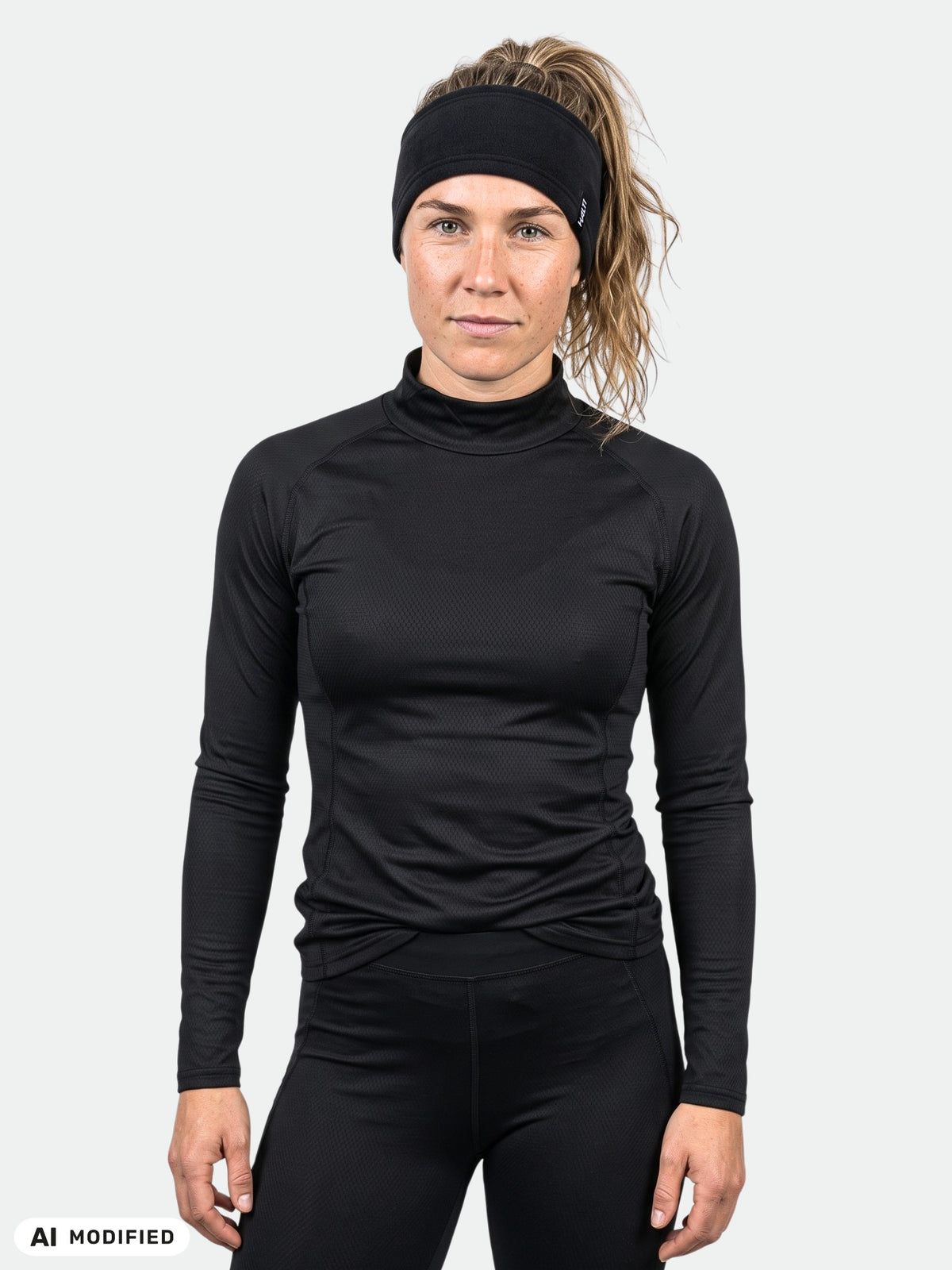 A woman wearing a black Halti Prime Base Layer Set Women’s with a matching headband.