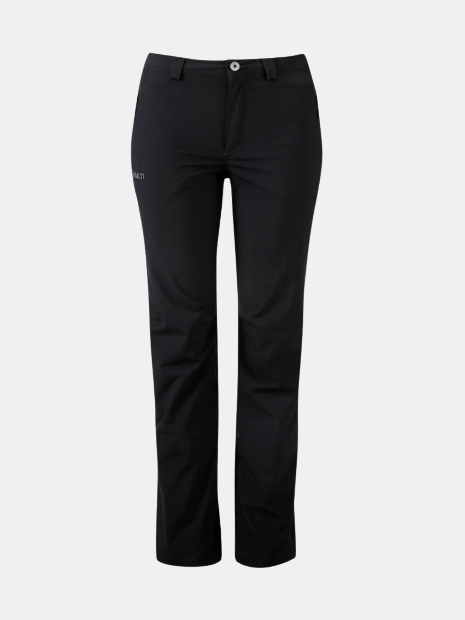 Front view of Halti Leisti DX Shell Pants Women's in black with button and zipper closure, shown on plain background.