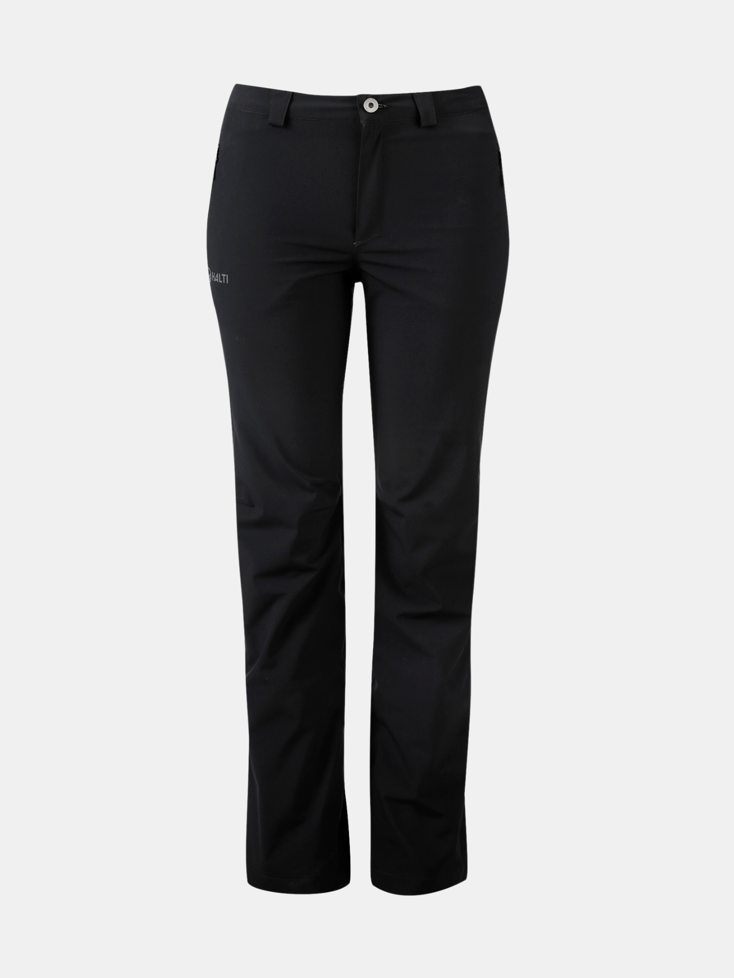 Halti Leisti Womens Recy Long DrymaxX Shell Pants in black with belt loops and button closure on gray background.