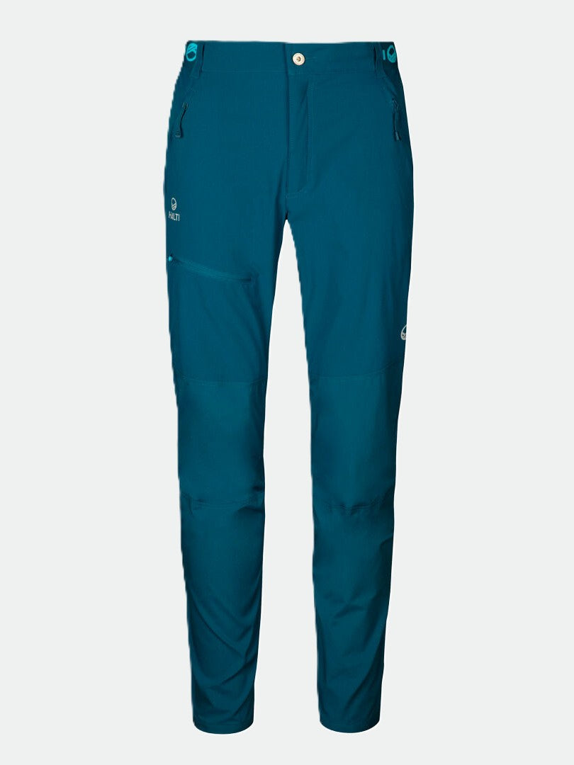 Halti Pallas Mens X-stretch Lite Pants: teal blue, zip pockets, button closure, lightweight Quick Dry for outdoors.