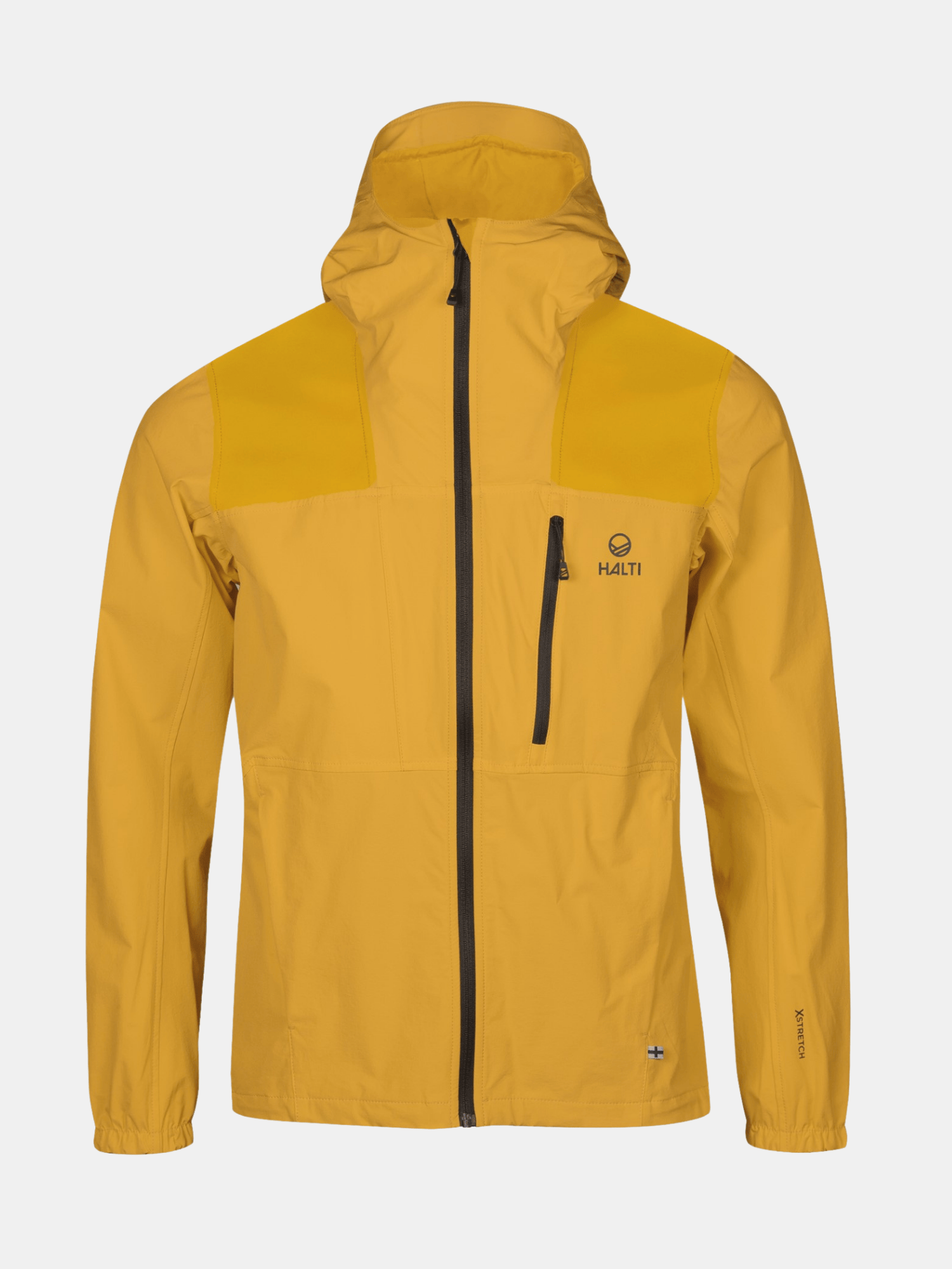 Halti Pallas II Mens X-stretch Jacket in yellow features a front zipper, chest pocket, and Halti logo on the left chest.