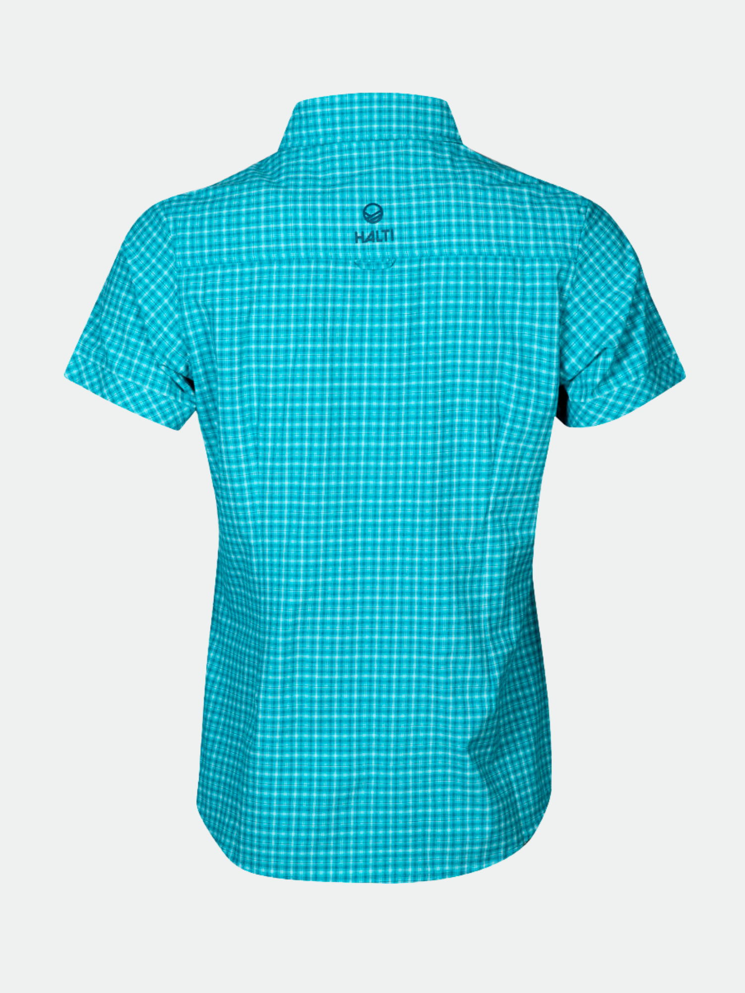 Halti Leiri Check Shirt Women’s: turquoise, short-sleeved, Active Dry, back view on white background.