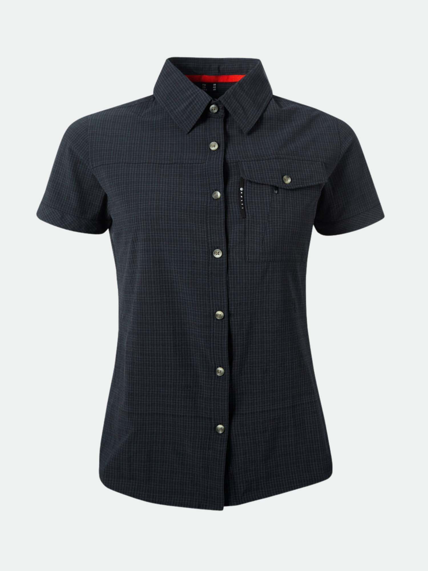 The Halti Leiri Womens Check Shirt is a breathable, Active Dry, short-sleeve plaid with collar and chest pocket.