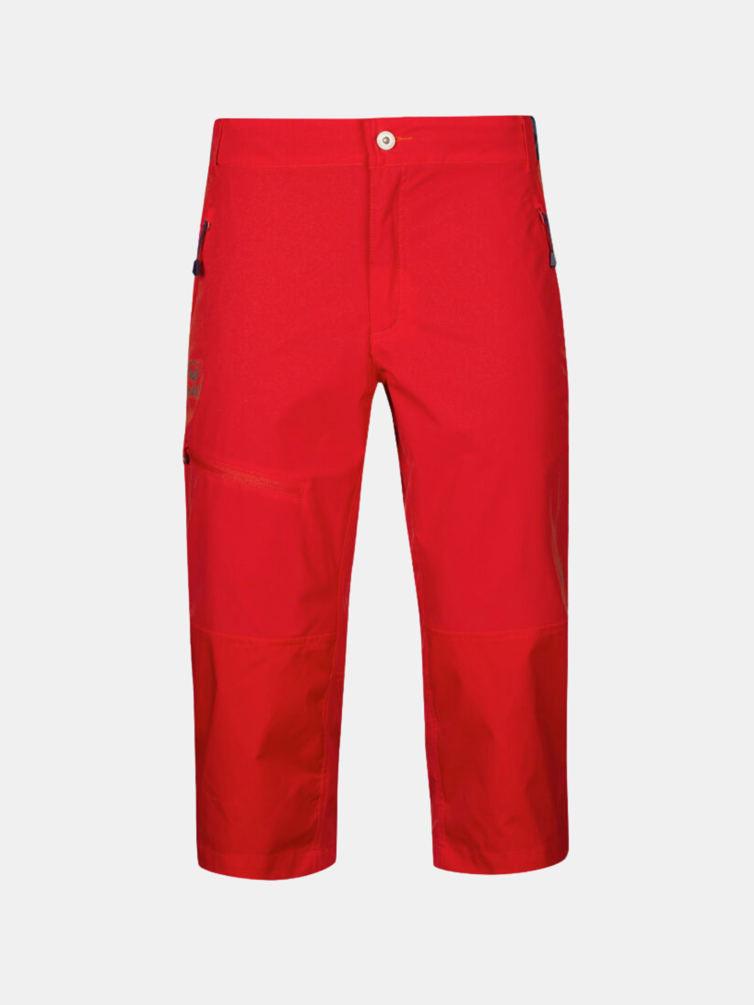 Halti Pallas Womens X-stretch Lite Capri pants in bright red with front zipper, side pockets, and waistband button.