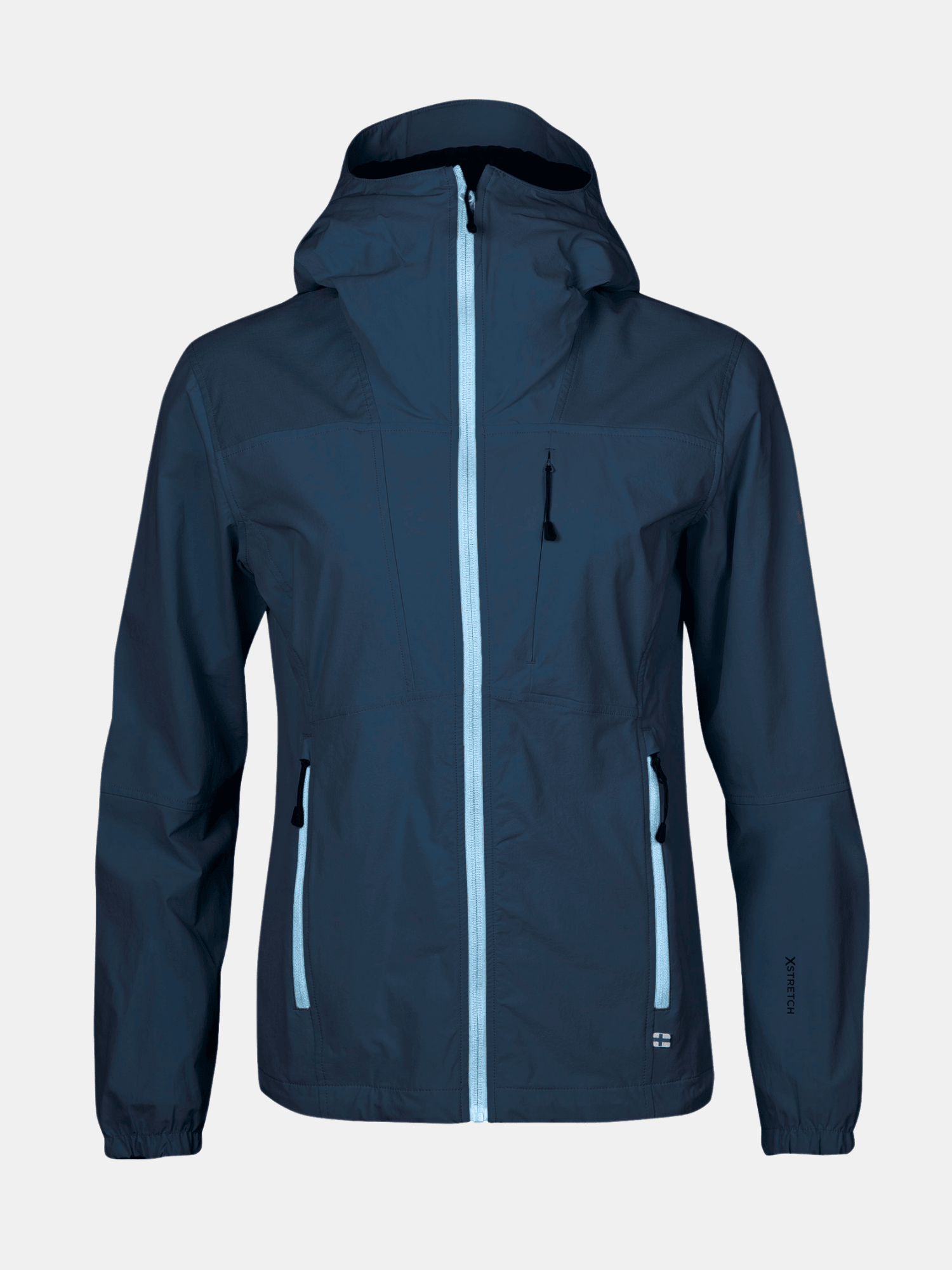 The Halti Pallas II Womens X-stretch Jacket is navy with light blue zippers and a hood, ideal for outdoor activities.