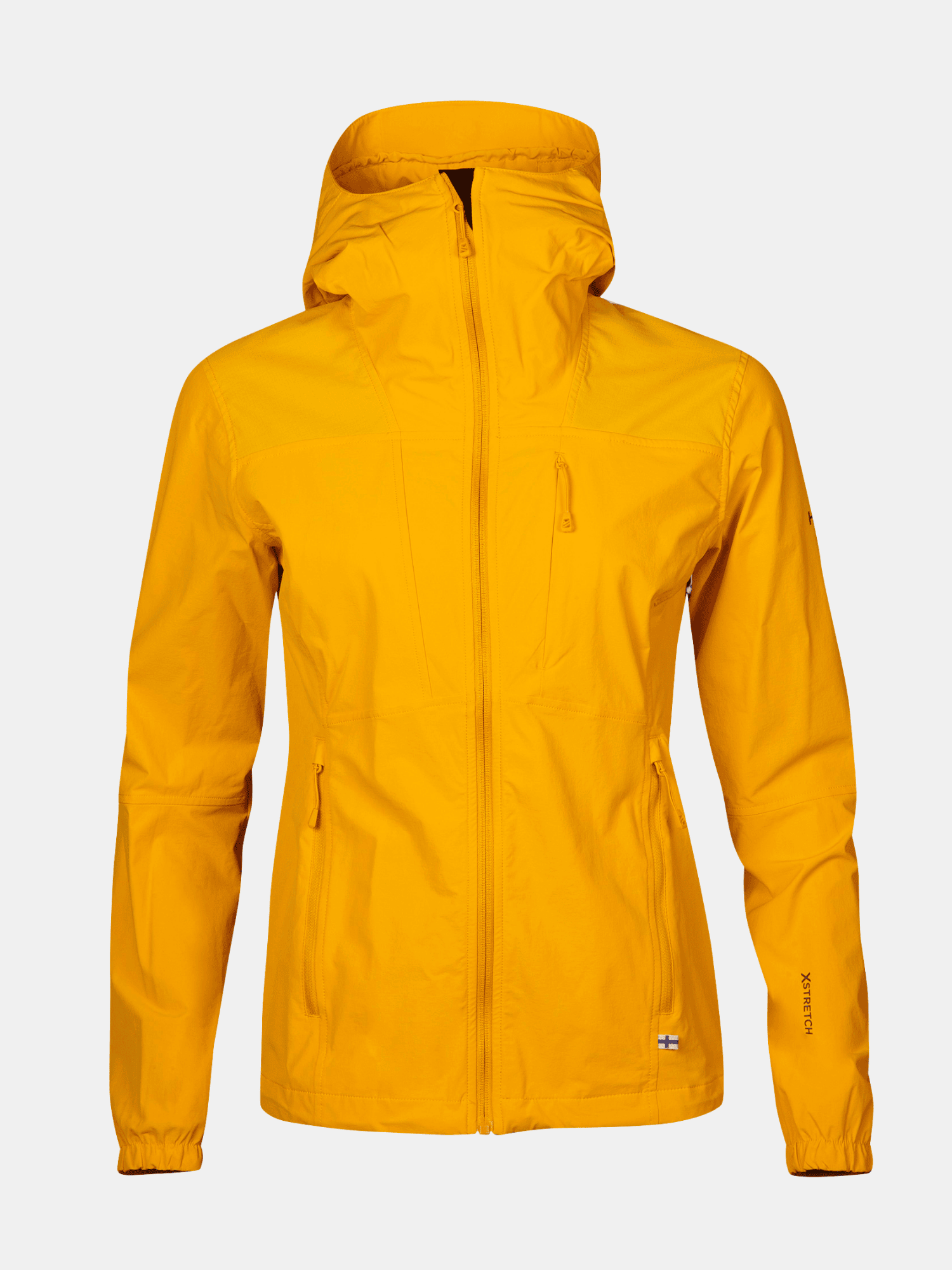 Halti Pallas II Womens X-stretch Jacket in yellow with front zipper and pockets, perfect for outdoor activities.